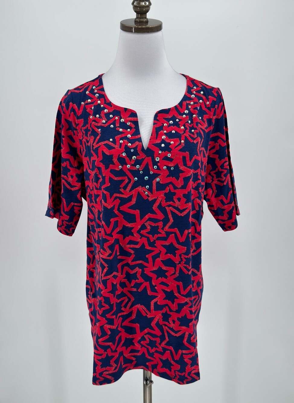 Quacker Factory Starlet Navy Red Stars Split Neck Elbow Sleeve Top Sz 1X NEW
